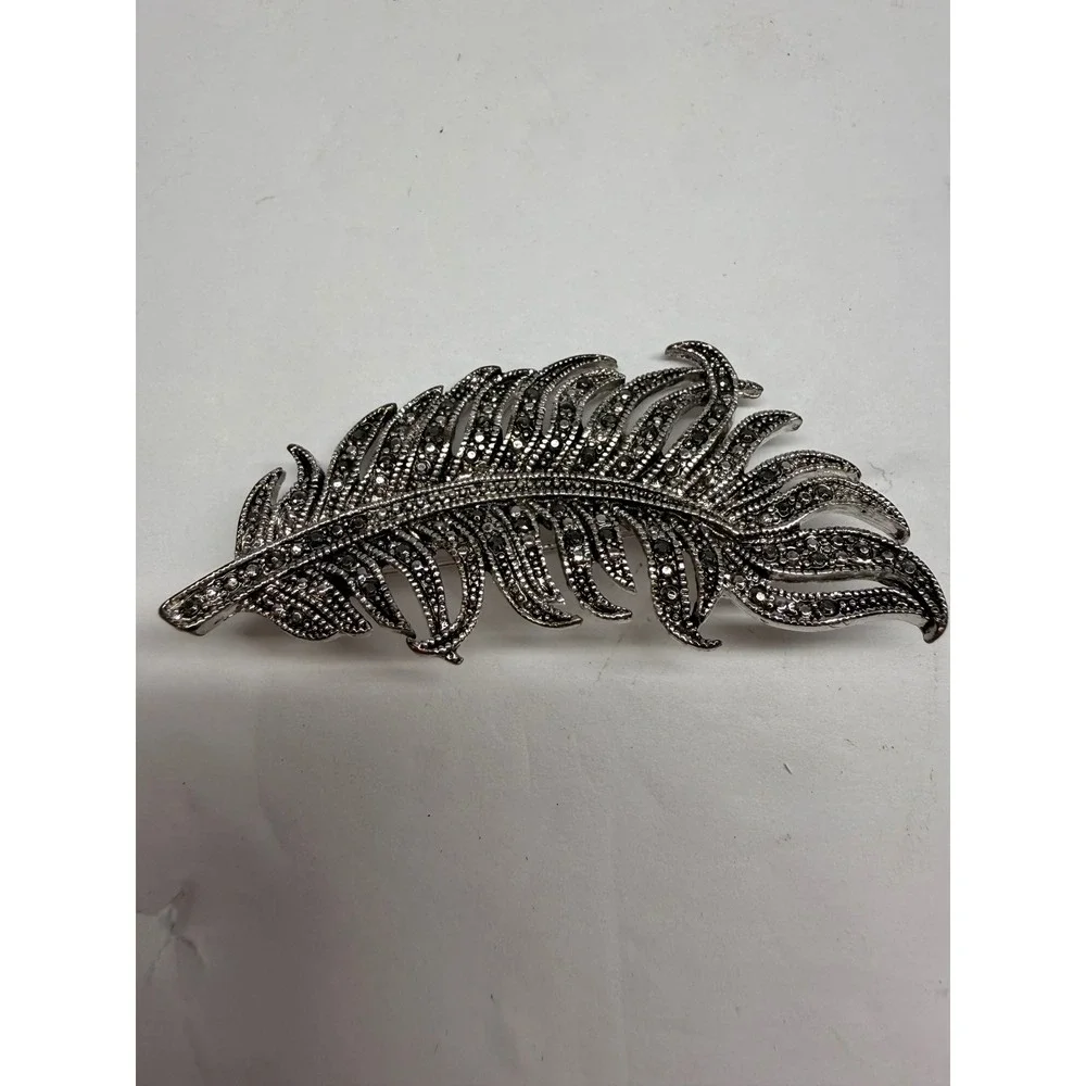 Vintage Style Silver Tone Marcasite Feather Brooch Pin Antiqued Plume Jewelry